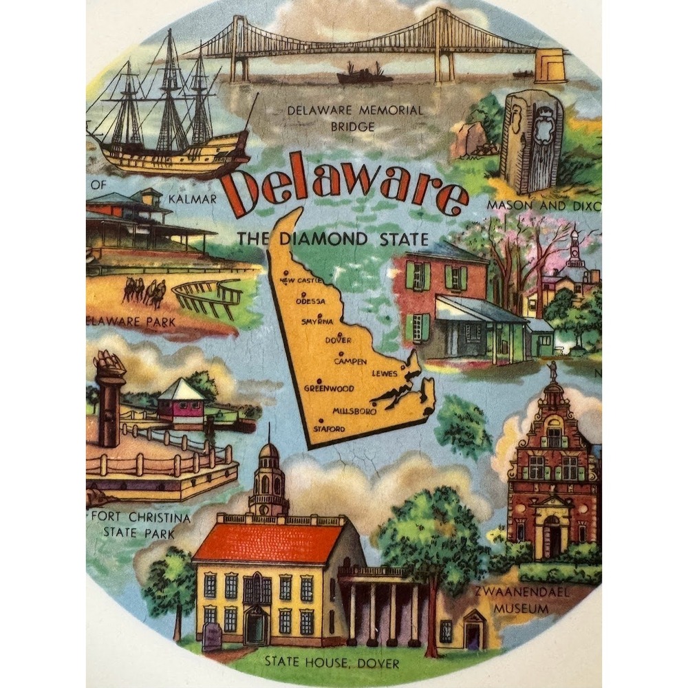 Delaware The Diamond State Vintage Souvenir Plate Gold Filigree Rim 9.25 Inch‎ - Picture 4 of 5